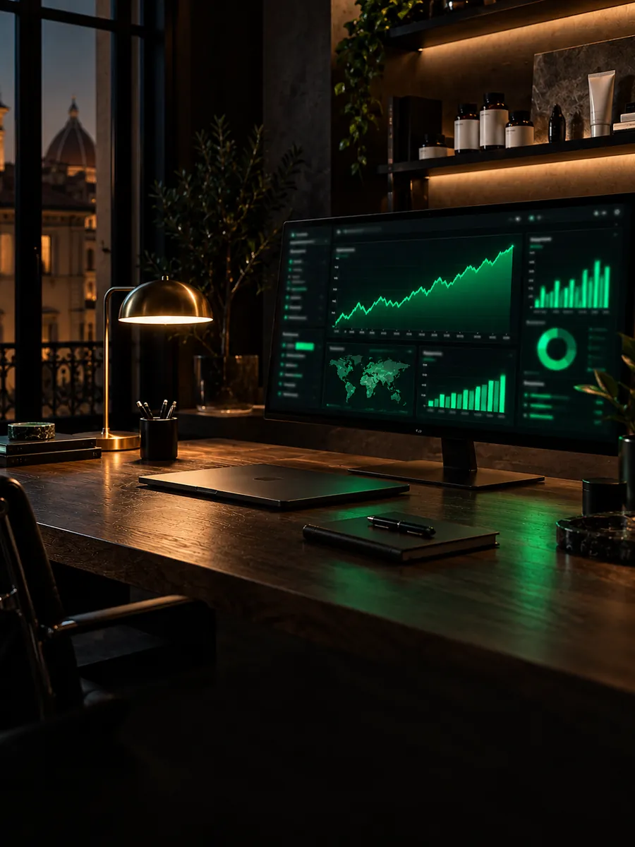 Postazione di lavoro di sera con una dashboard di vendite in crescita sullo schermo
